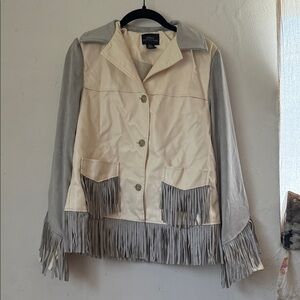 Urban Outfitters Cream and Light Gray Fringe Suede-Trim Jacket